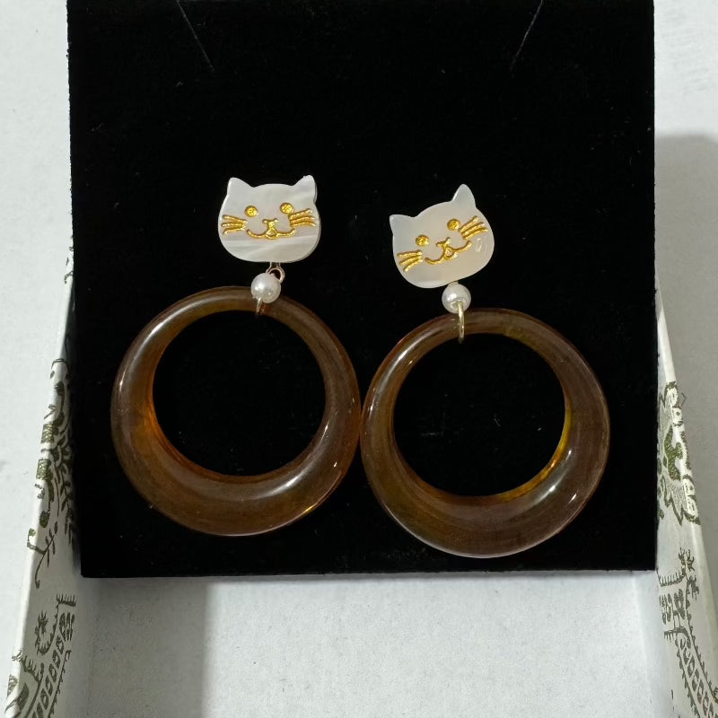 Retro Cat Playing Circle Earrings